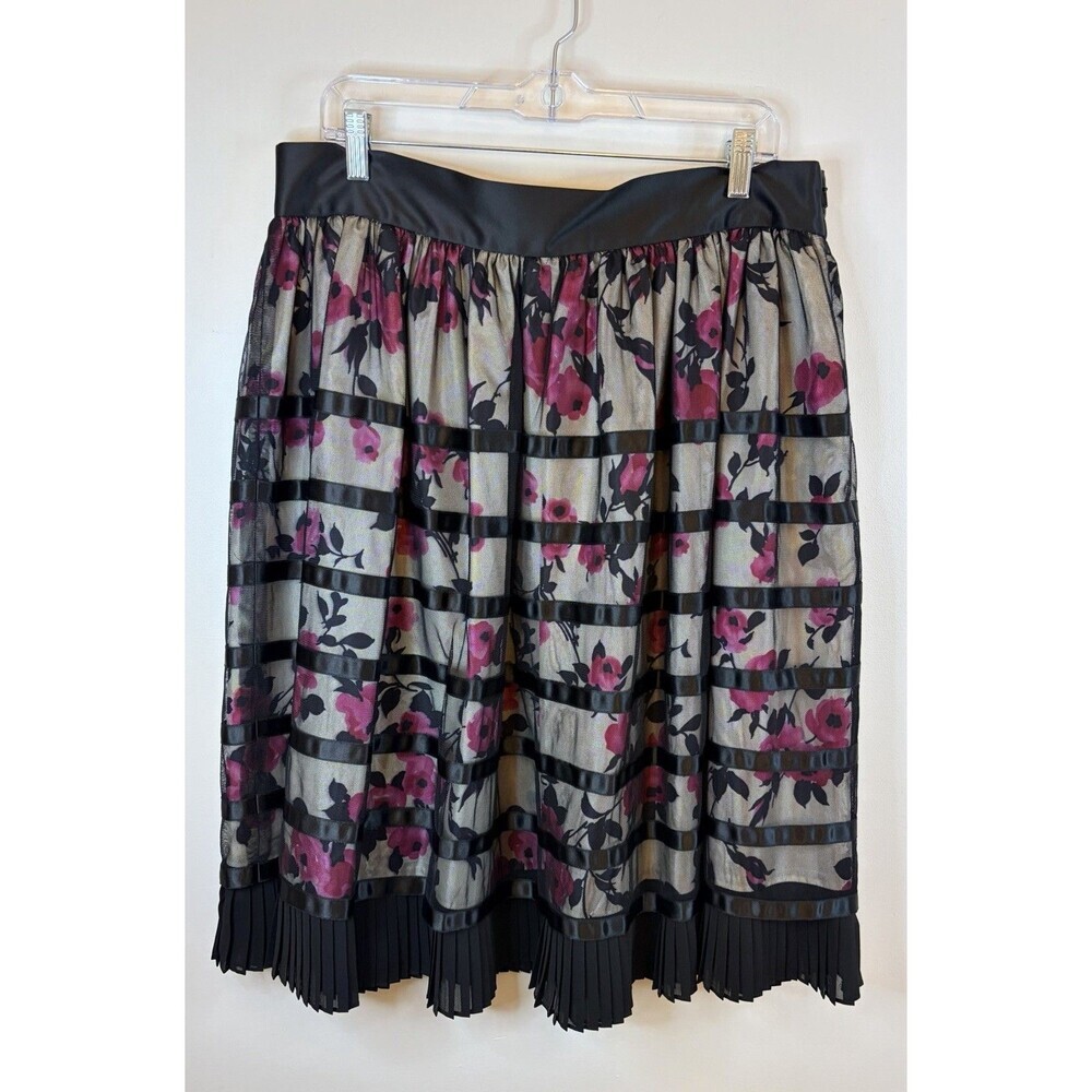 J. PETERMAN Floral Ribbon Skirt 16 Black Net Overlay A-Line Knee Pink Feminine